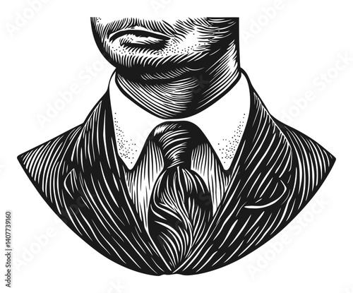 Classic Woodcut Illustration of a Suit and Tie Portrait Detail