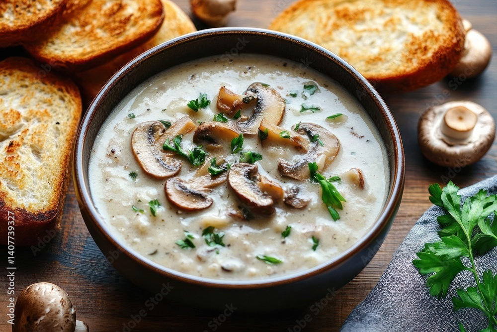 Creamy Mushroom Soup with Fresh Mushrooms Carrots and Parsley Served with Toasted French Bread on Rustic Wooden Table Creamy Mushroom Soup with Fresh Mushrooms Carrots and Parsley Served with Toasted French Bread on Rustic Wooden Table