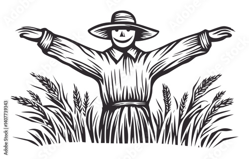 Classic Woodcut Style Scarecrow Surrounded by Wheat Fields