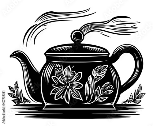 Elegant Woodcut Teapot Design with Floral Elements and Steam
