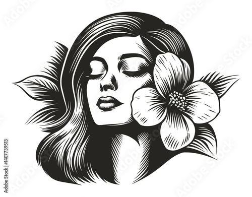 Elegant Woman with Flower in Woodcut Style Illustration