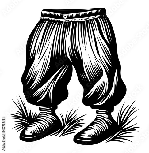 Vintage Woodcut Illustration of Trousers and Boots on Grass
