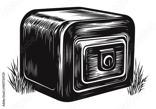 Vintage Woodcut Illustration of a Safe Surrounded by Grass