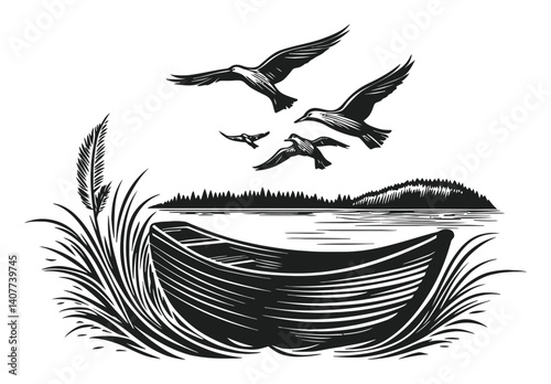 Serene Woodcut Scene with Boat, Birds, and Tranquil Landscape