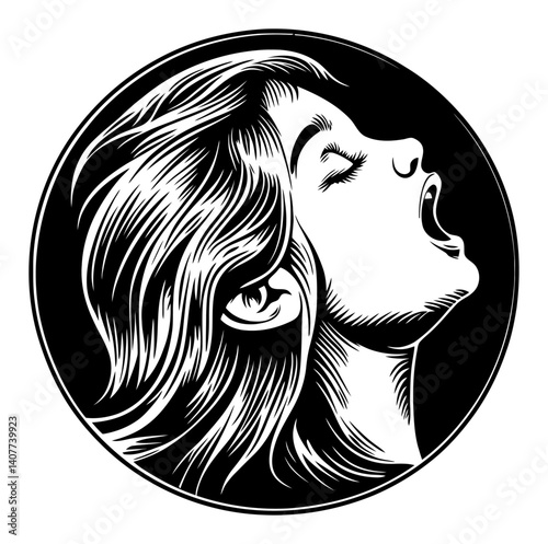 Artistic Woodcut Portrait of a Woman in Profile with Open Mouth