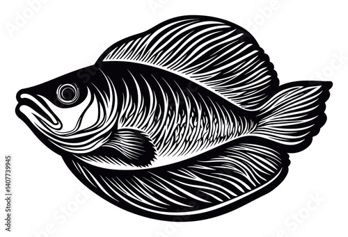 Detailed Black and White Woodcut Style Illustration of a Fish