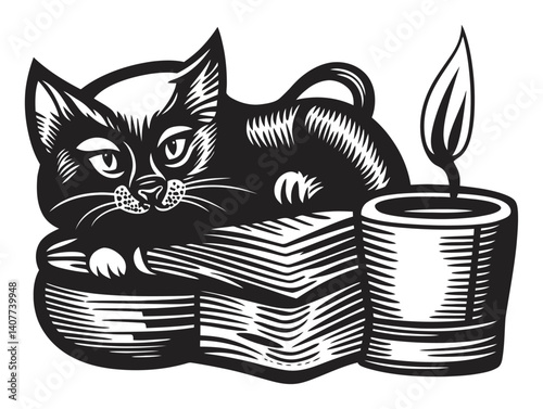 Artistic Black and White Woodcut Illustration of a Cat and Candle