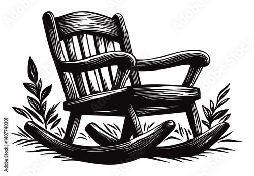 Rustic Wooden Rocking Chair in Stylized Woodcut Illustration