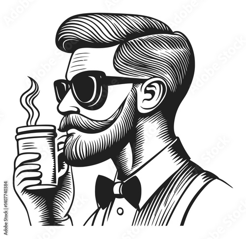 Vintage Woodcut Style Illustration of a Stylish Man with Coffee