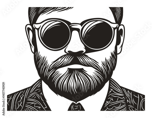 Stylish Man in Sunglasses Woodcut Design with Intricate Details