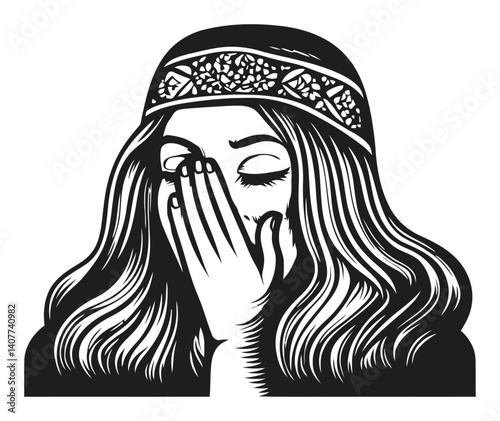 Elegant Woodcut Style Illustration of a Thoughtful Woman Covering Face