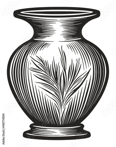 Elegant Woodcut Style Vase with Intricate Leaf Design