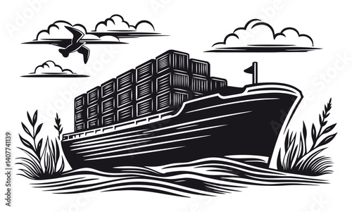 Black and White Woodcut of a Cargo Ship with Containers at Sea