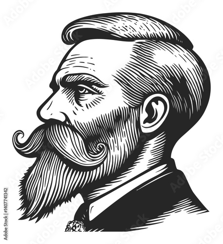 Vintage Woodcut Style Portrait of a Mustached Gentleman Profile