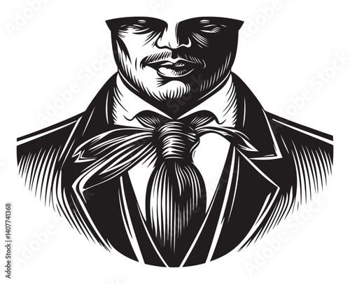 Elegant Woodcut Style Man in Suit with Necktie and Bowtie Design
