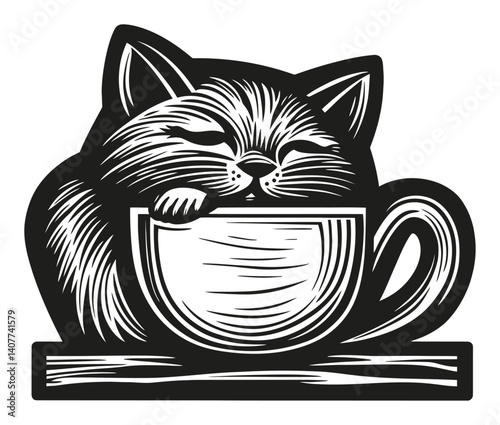 Cozy Cat Relaxing in a Coffee Cup Woodcut Style Artwork