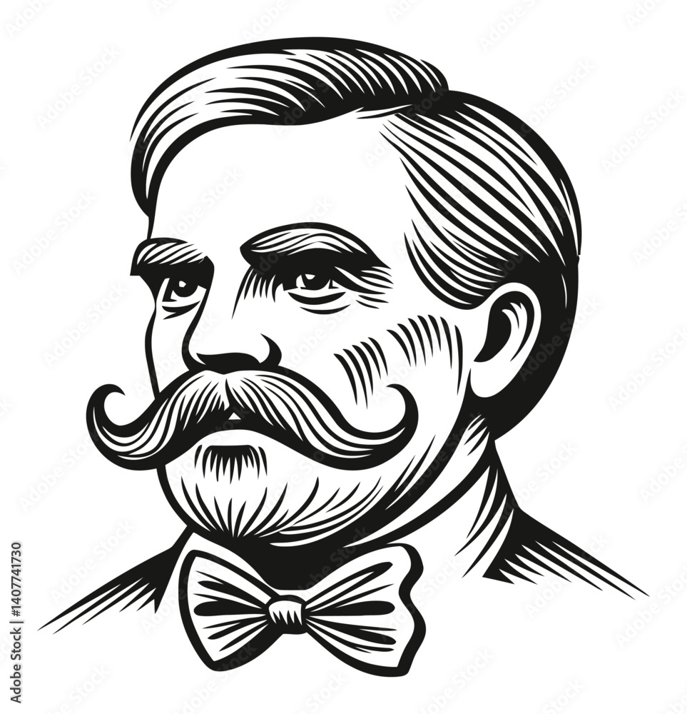 Fototapeta premium Vintage Woodcut Portrait of a Distinguished Gentleman with Mustache
