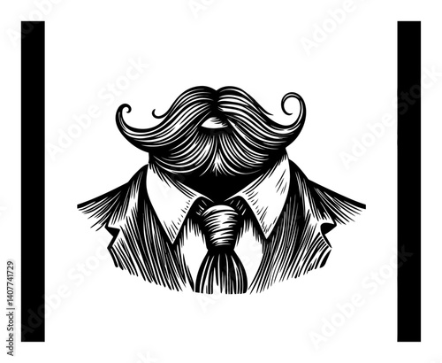 Vintage Woodcut Style Illustration of a Mustached Man in Suit