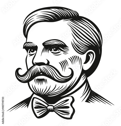 Vintage Woodcut Portrait of a Distinguished Gentleman with Mustache