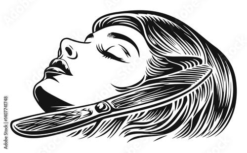 Elegant Female Portrait in Woodcut Style with Closed Eyes and Hair