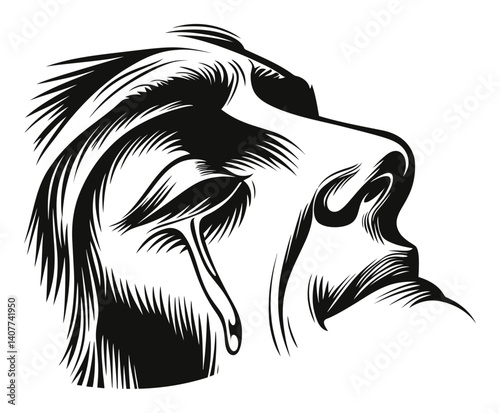 Emotional Expression in Woodcut Style Featuring Dripping Tear