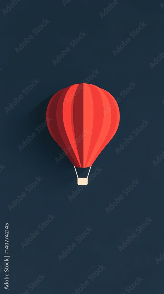 Fototapeta premium Red hot air balloon flying in dark blue sky minimalist illustration