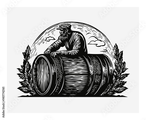 Vintage Woodcut of Artisan Man Working on Barrel with Leaves