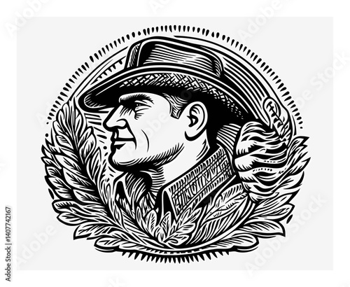 Detailed Woodcut Style Portrait of a Confident Cowboy in Hat