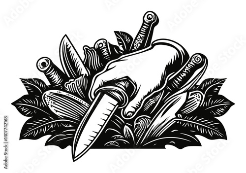 Hand Holding Knife Surrounded by Various Knives and Leaves