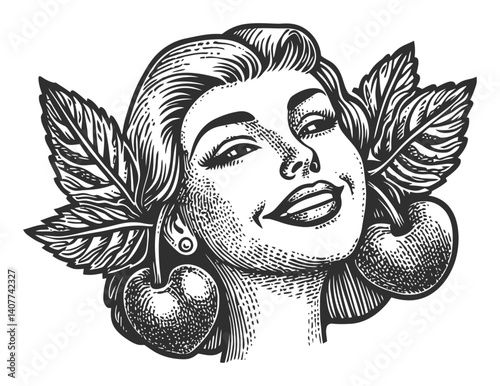 Charming Vintage Woman with Apples and Leaves in Woodcut Style