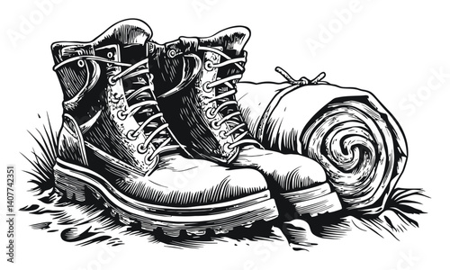 Vintage Woodcut Style Hiking Boots and Rolled Sleeping Bag Illustration