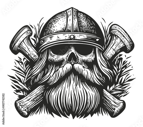 Vintage Woodcut Illustration of Skull with Viking Helmet and Axes