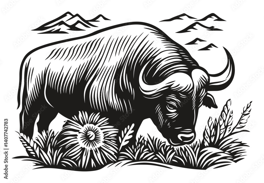 Fototapeta premium Detailed Black and White Woodcut of a Grazing Bull in Nature