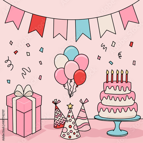 Birthday party Celebration Elements with Pink Background, Aesthetic Vector Illustration