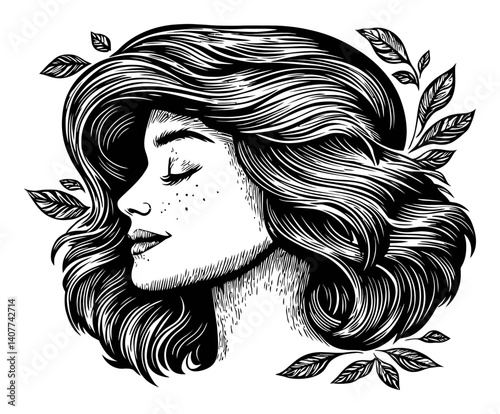 Elegant Woman Profile Woodcut Art with Leaves in Black and White