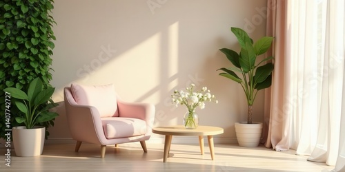 Serene living room interior with pastel pink armchair, wooden coffee table, and lush potted plants bathed in sunlight streaming through sheer curtains.
