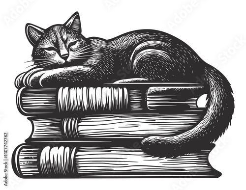 Sleepy Cat Lying on Stacked Books in Woodcut Style Art