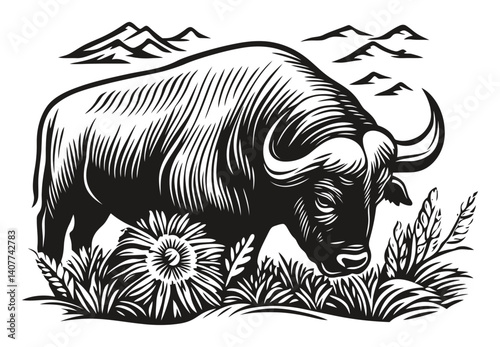 Detailed Black and White Woodcut of a Grazing Bull in Nature