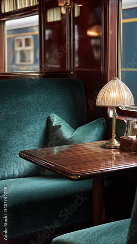 Dark teal velvet seating with a wood table and brass lamp in a train car, showcasing luxury travel and refined elegance