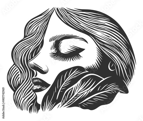 Elegant Woodcut Style Portrait of a Woman Surrounded by Leaves
