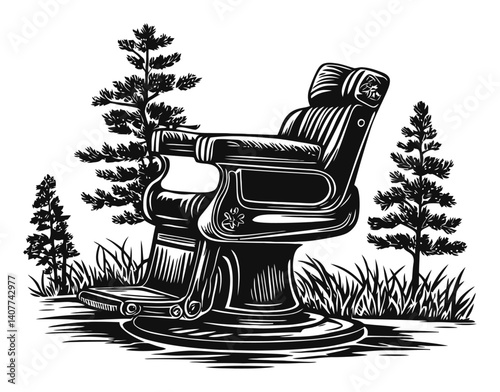 Vintage Barbershop Chair Woodcut Illustration with Trees and Grass