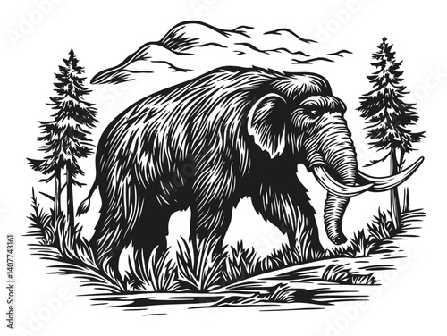 Detailed Woodcut Illustration of a Mammoth in Natural Habitat Scene
