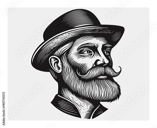 Vintage Woodcut Illustration of a Man with a Stylish Hat and Beard