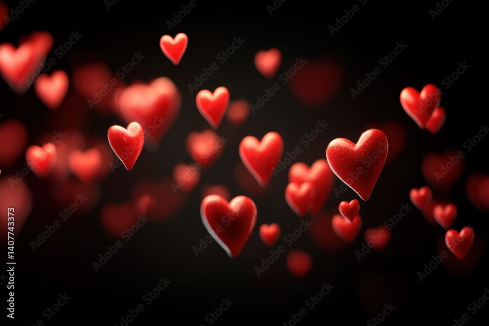 A romantic background with floating red hearts for Valentine's Day and love concepts. Perfect for expressing affection and creating a dreamy atmosphere on black background. A romantic background with floating red hearts for Valentine's Day and love concepts. Perfect for expressing affection and creating a dreamy atmosphere on black background.