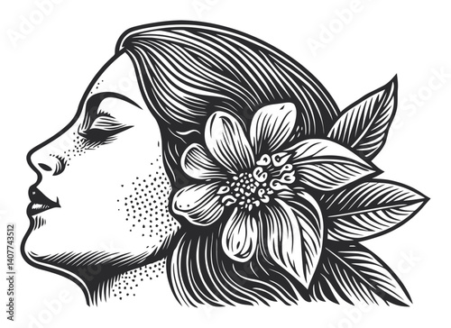 Elegant Woodcut Illustration of a Woman with Flower and Leaves