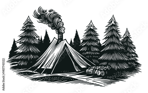 Vintage Woodcut of Tent Surrounded by Pine Trees and Logs