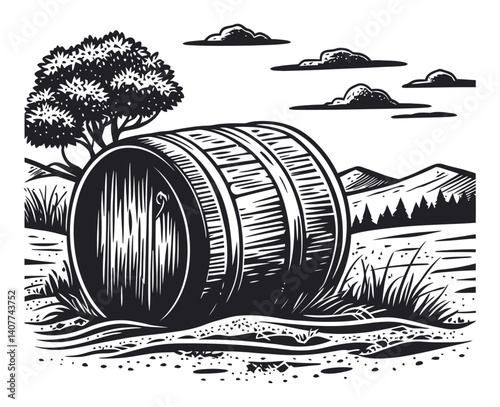 Vintage Woodcut Illustration of a Wooden Barrel in Nature Scene