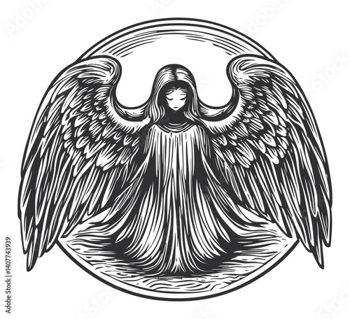 Angel with Wings in Woodcut Style Artwork for Vintage Aesthetic