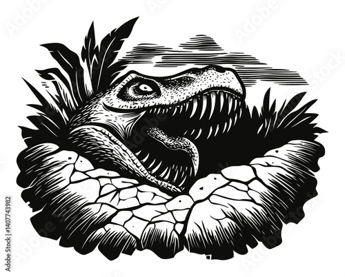 Black and White Woodcut of a Dinosaur Emerging from an Egg