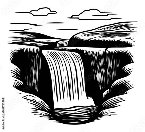 Serene Waterfall Scene in Woodcut Style Art Print Design